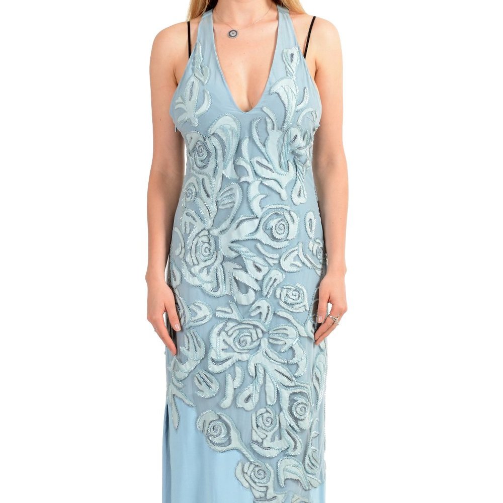 Versace Blue Silk Leather Open Back Evening Dress